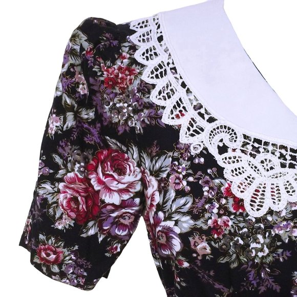 80's Brandywine Creek Dark Floral Prairie Dress Granny Lace Collar 9/10 Puffy SS - Picture 6 of 12